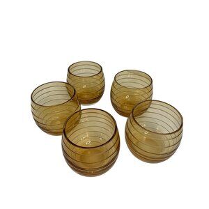 Set Of 5 Vintage Amber Glasses Cut Rings Double Old Fashioned Bar Ware 8069